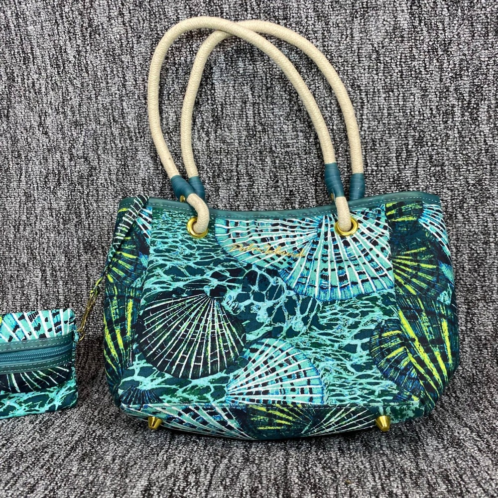 Palm Island Sea Turtle Seashell Tote Bag Pouch Set Teal Blue Beach Rope Handle - Picture 8 of 16